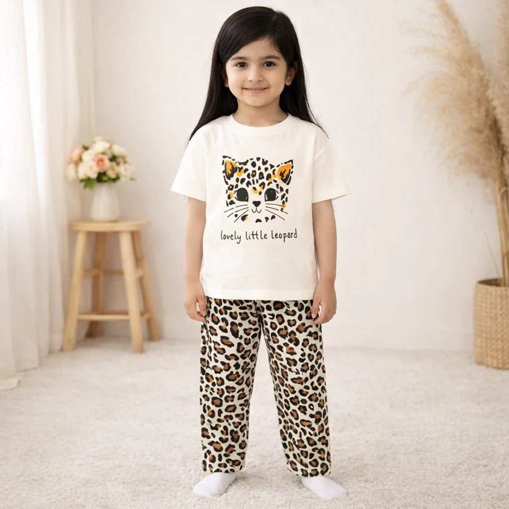 Kids Printed Cotton Half Sleeves Pajama Set Leopard White - Mini Charm - Image 2