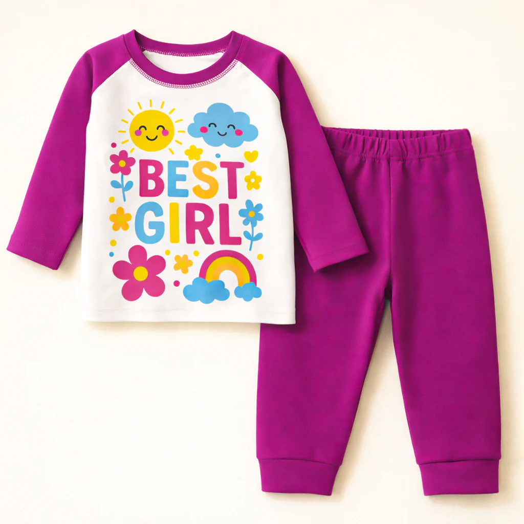 Kids Printed Cotton Pajama Set Best Girl Purple - Mini Champ