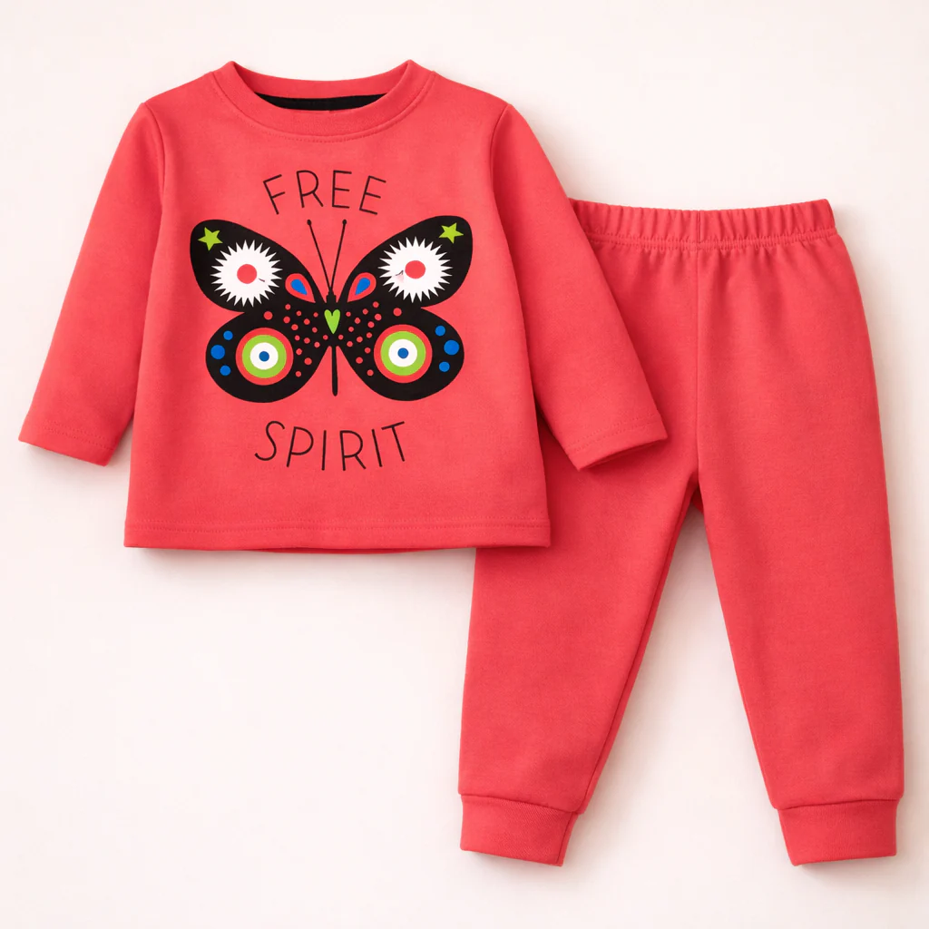 Kids Printed Cotton Pajama Set Butterfly Peach - Mini Champ
