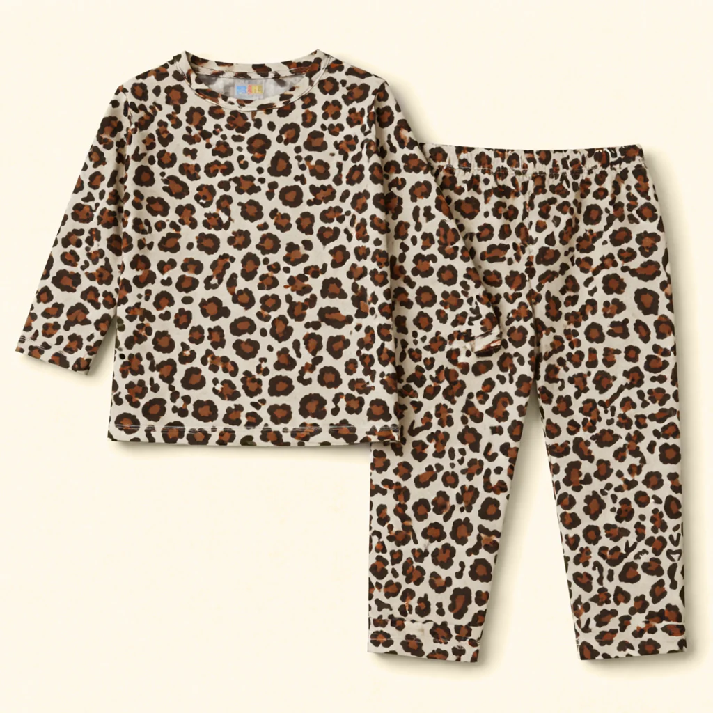 Kids Printed Cotton Pajama Set Cheetah Off White - Mini Charm