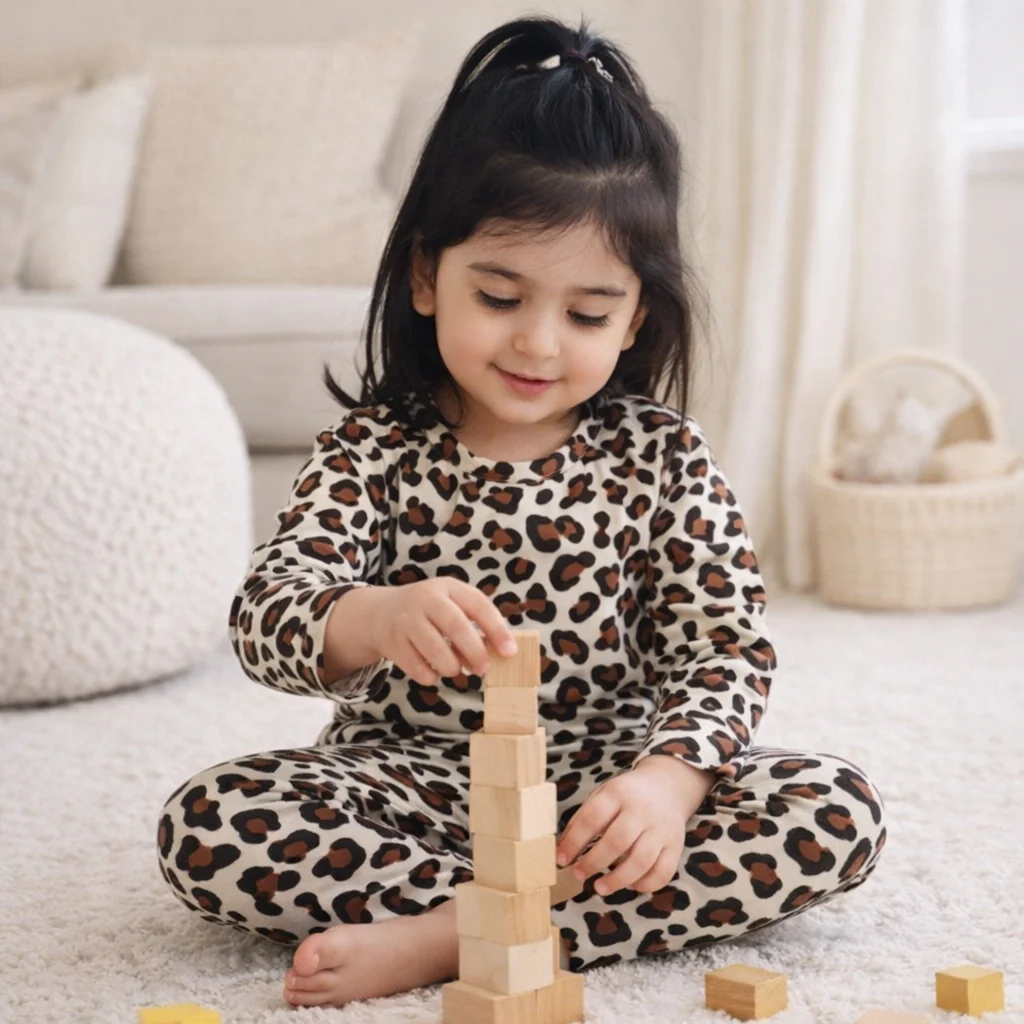 Kids Printed Cotton Pajama Set Cheetah Off White - Mini Charm - Image 2
