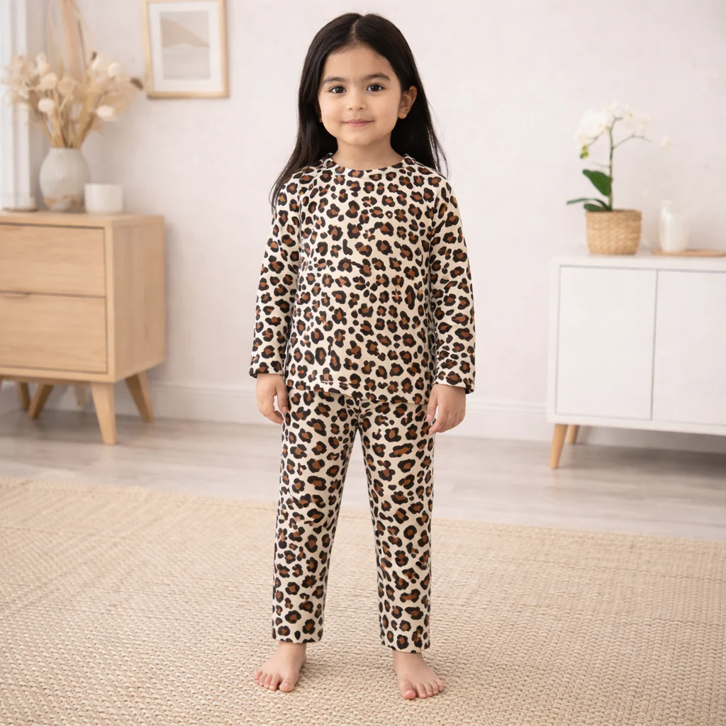 Kids Printed Cotton Pajama Set Cheetah Off White - Mini Charm - Image 3