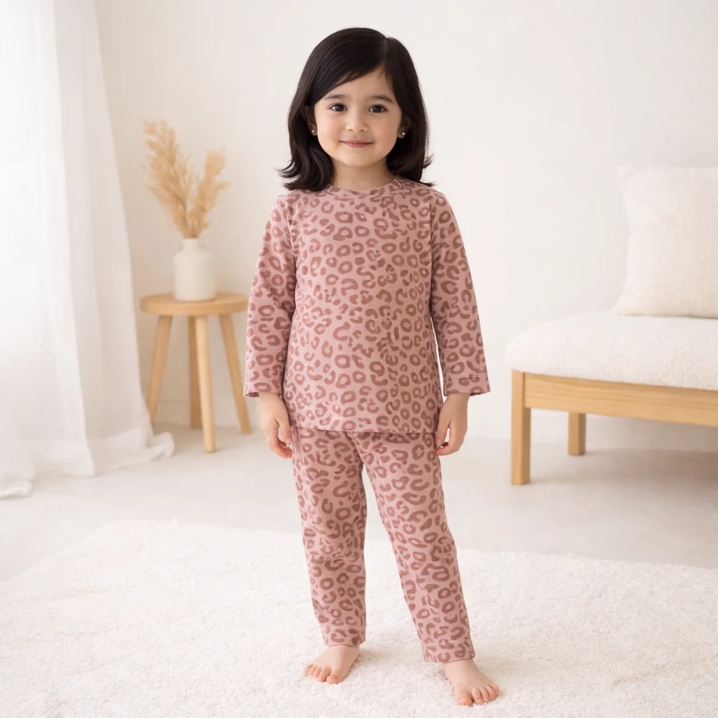 Kids Printed Cotton Pajama Set Cheetah Peach - Mini Charm - Image 2