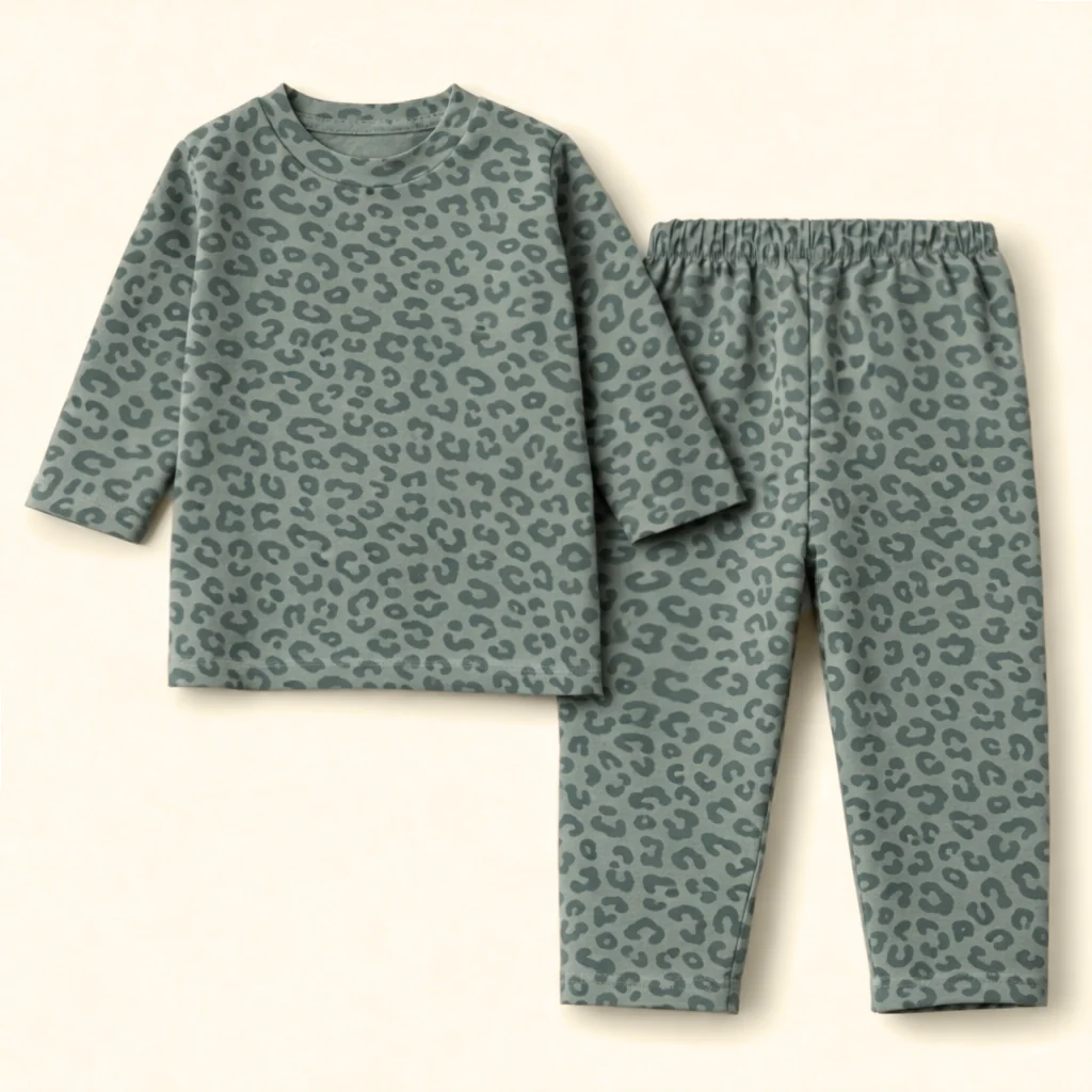 Kids Printed Cotton Pajama Set Cheetah Sea Green - Mini Charm