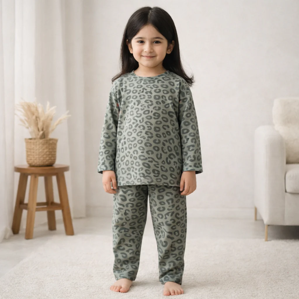Kids Printed Cotton Pajama Set Cheetah Sea Green - Mini Charm - Image 2