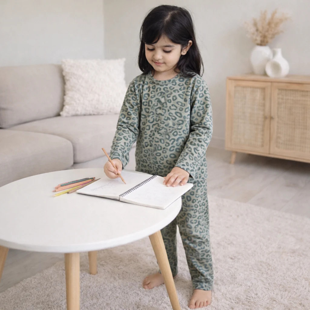 Kids Printed Cotton Pajama Set Cheetah Sea Green - Mini Charm - Image 3