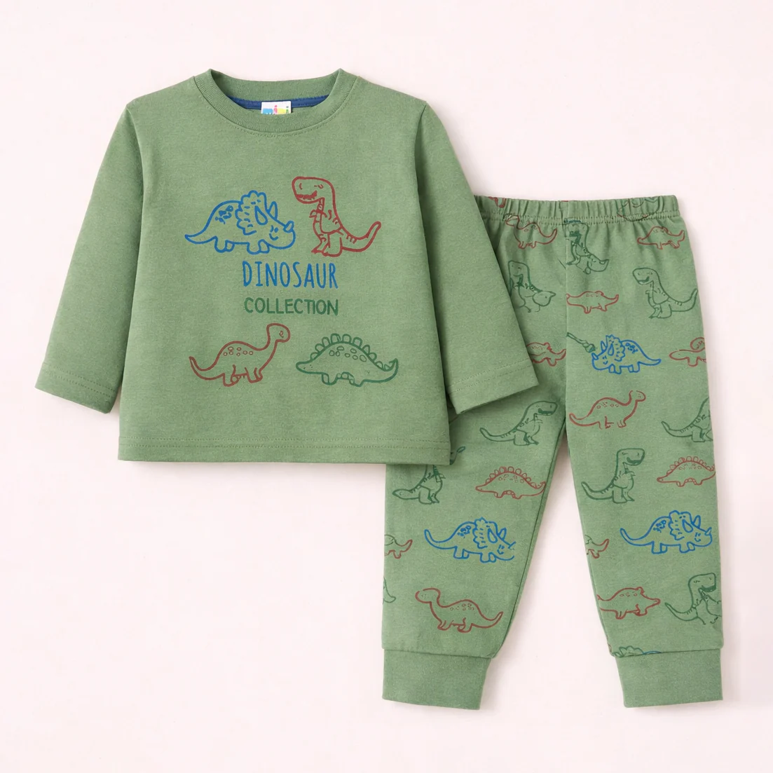 Kids Printed Cotton Pajama Set Dino Green - Mini Champ