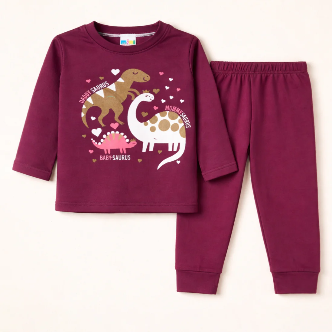 Kids Printed Cotton Pajama Set Dinos Dark Purple - Mini Champ