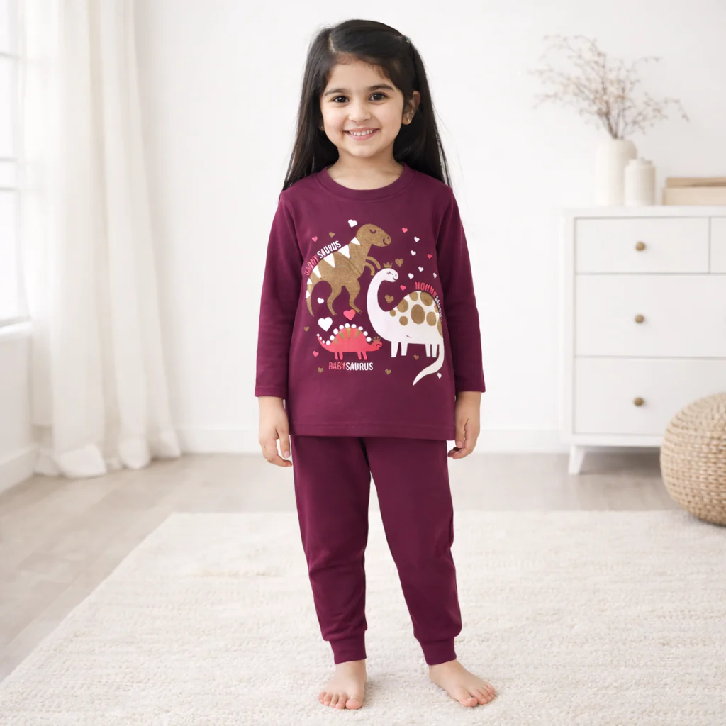 Kids Printed Cotton Pajama Set Dinos Dark Purple - Mini Champ - Image 2