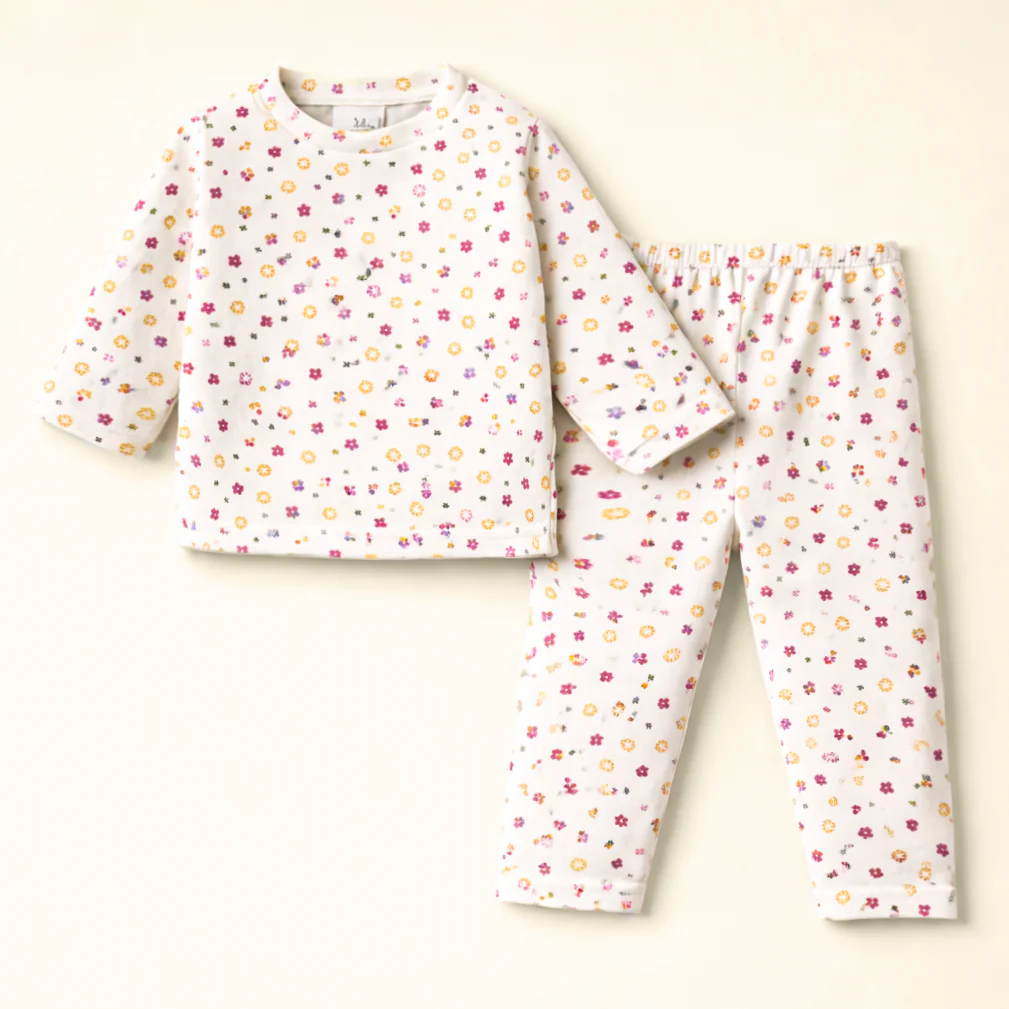 Kids Printed Cotton Pajama Set Floral Beige - Mini Champ