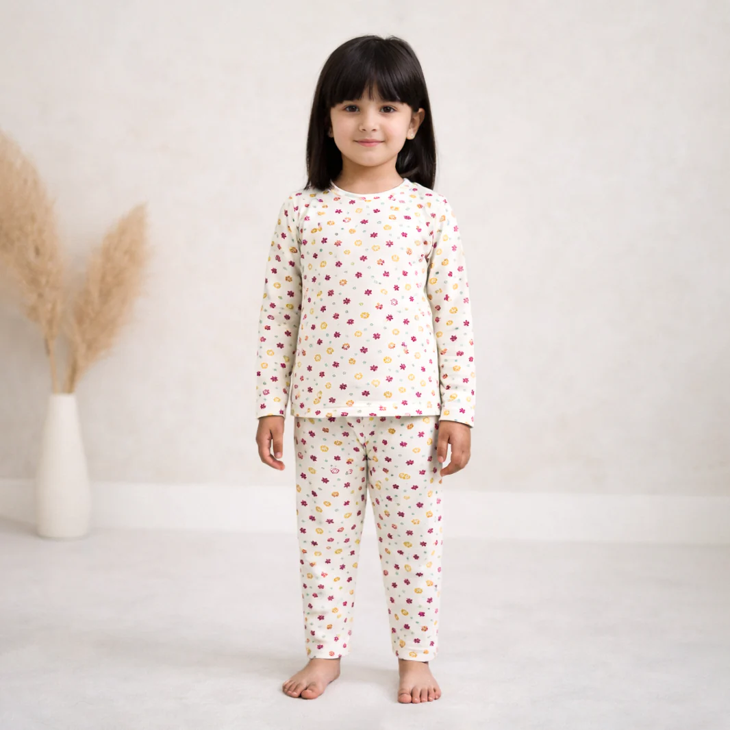 Kids Printed Cotton Pajama Set Floral Beige - Mini Champ - Image 2