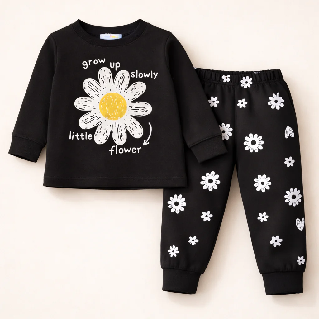 Kids Printed Cotton Pajama Set Flower Black - Mini Charm