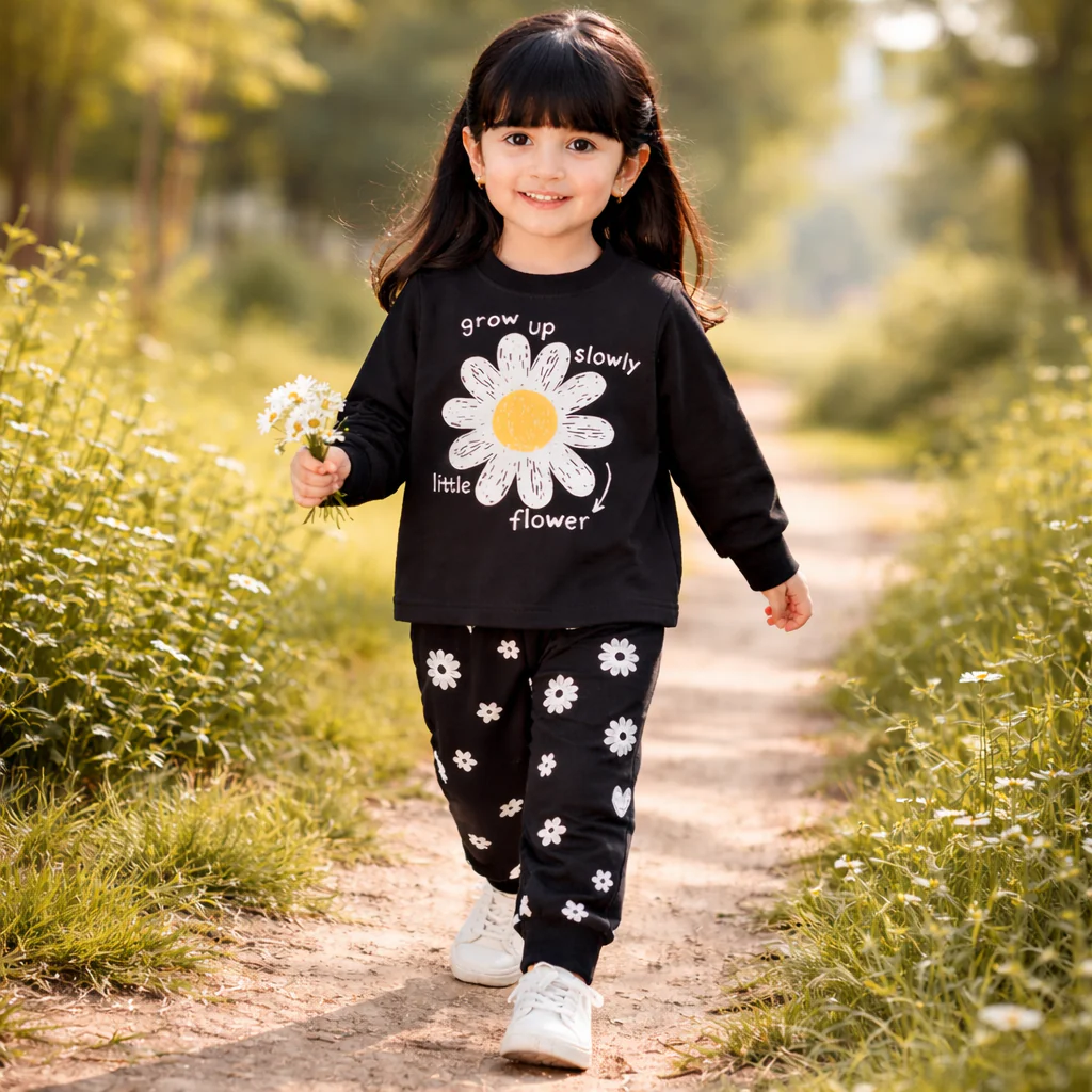 Kids Printed Cotton Pajama Set Flower Black - Mini Charm - Image 3