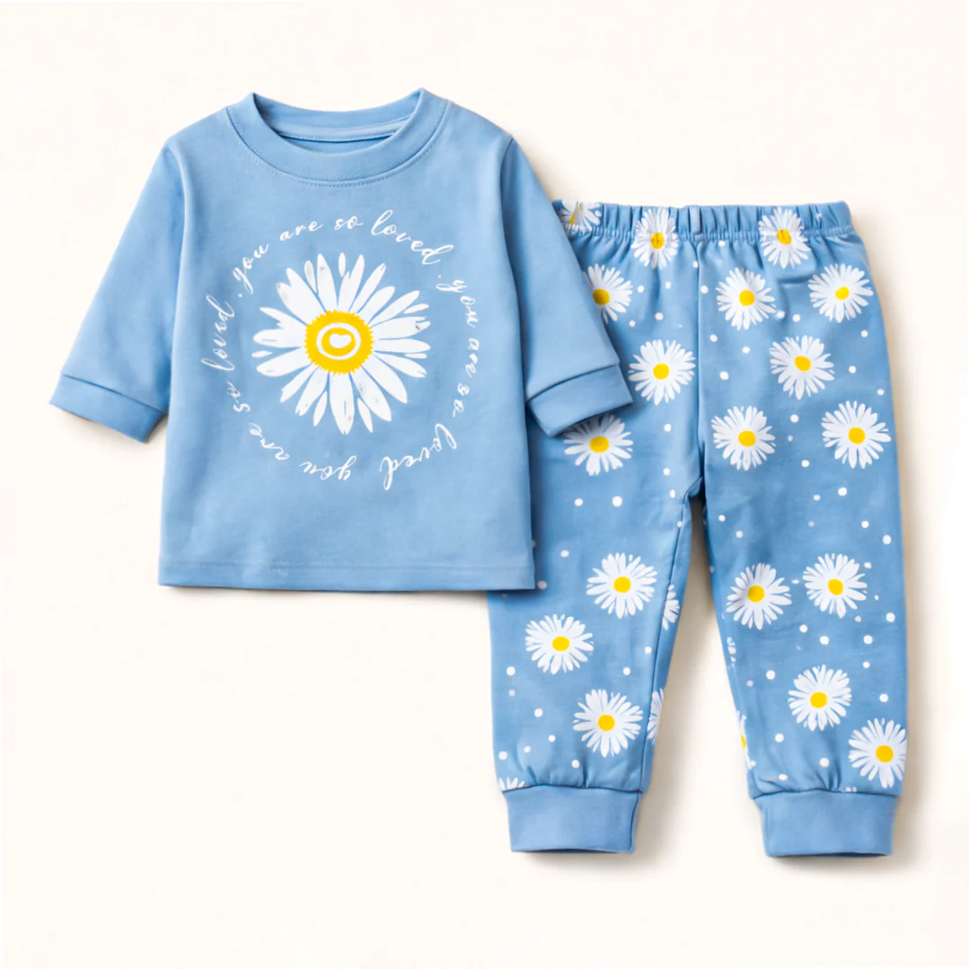 Kids Printed Cotton Pajama Set Flower Blue - Mini Charm