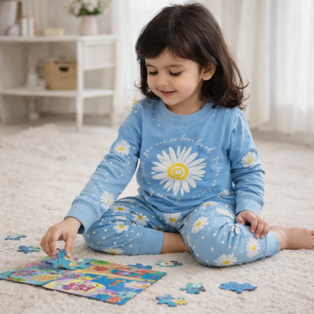 Kids Printed Cotton Pajama Set Flower Blue - Mini Charm - Image 2