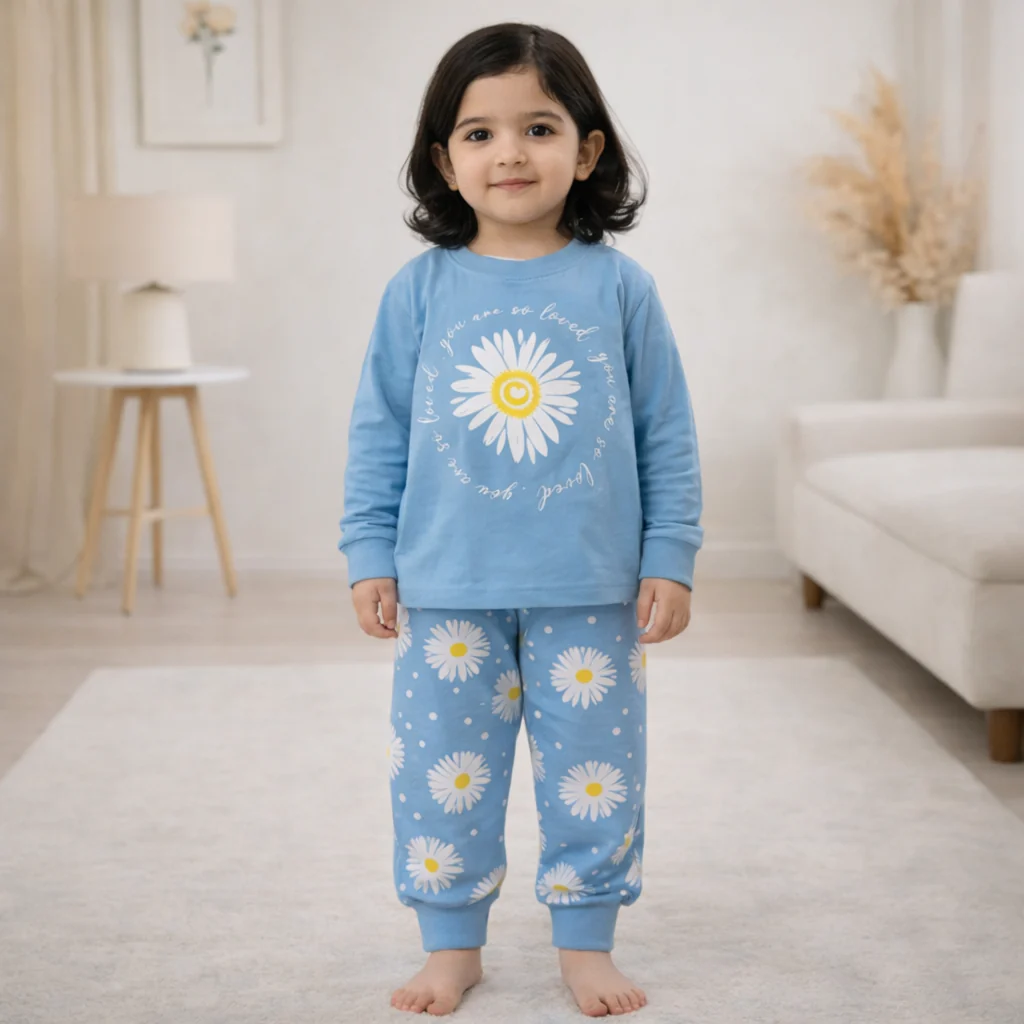 Kids Printed Cotton Pajama Set Flower Blue - Mini Charm - Image 3