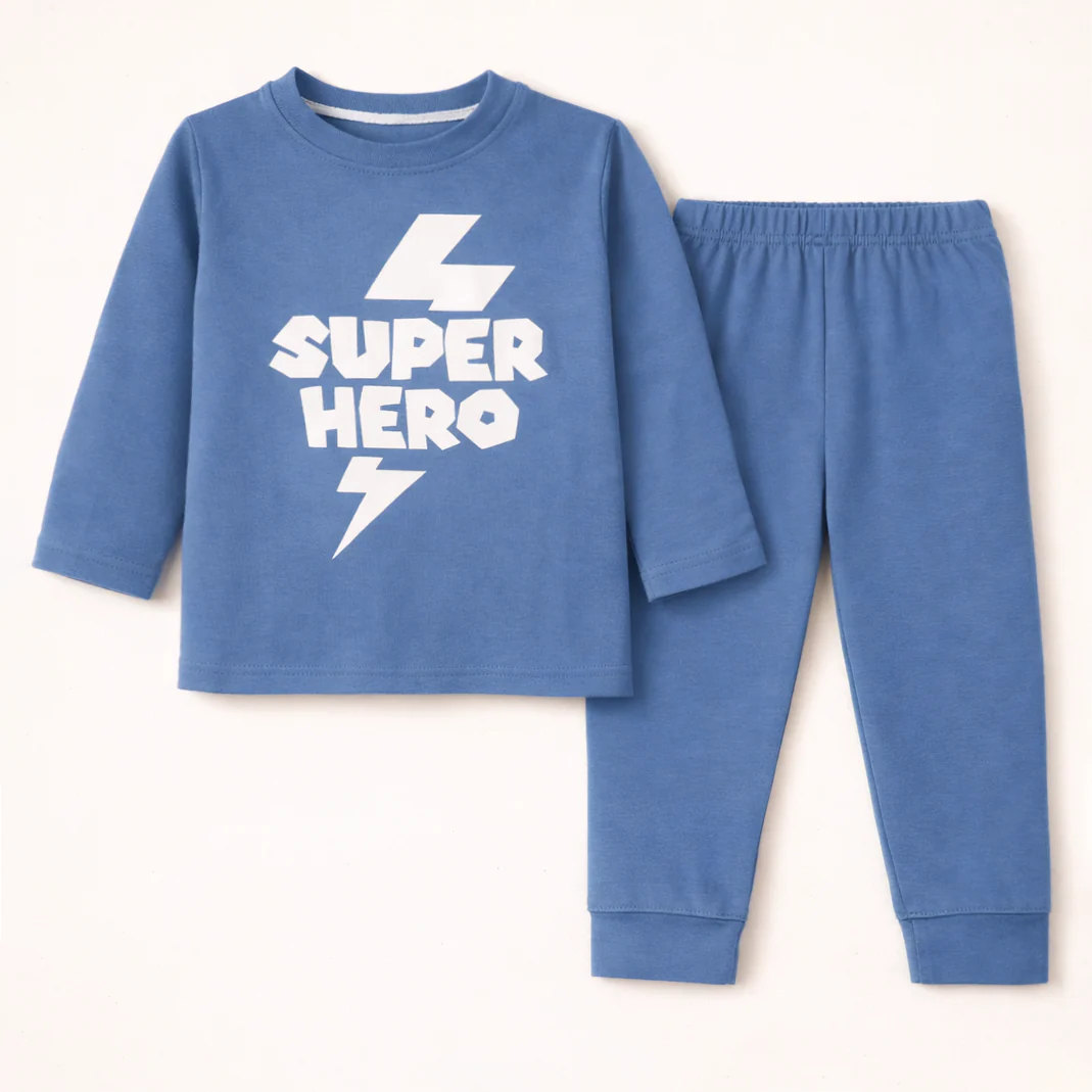Kids Printed Cotton Pajama Set Hero Dark Blue - Mini Champ