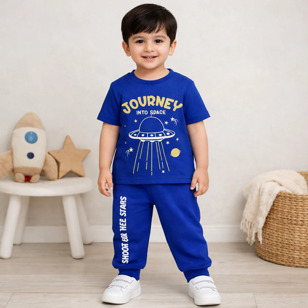 Kids Printed Cotton Pajama Set Journey Into Space Royal Blue - Mini Champ - Image 2