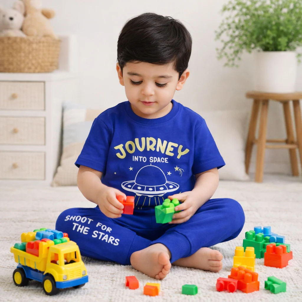 Kids Printed Cotton Pajama Set Journey Into Space Royal Blue - Mini Champ - Image 3