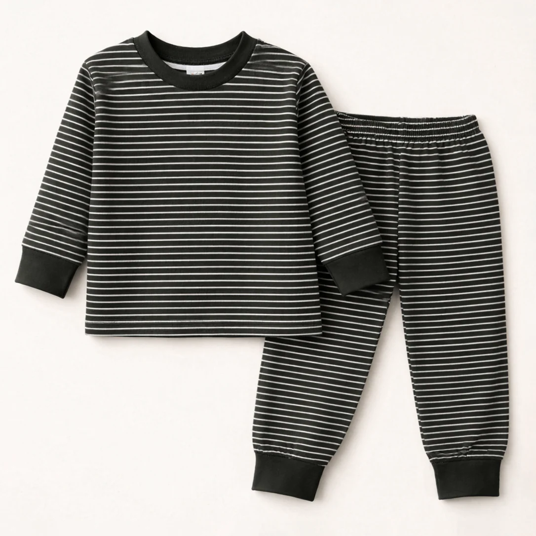 Kids Printed Cotton Pajama Set Narrow Stripes Black - Mini Charm