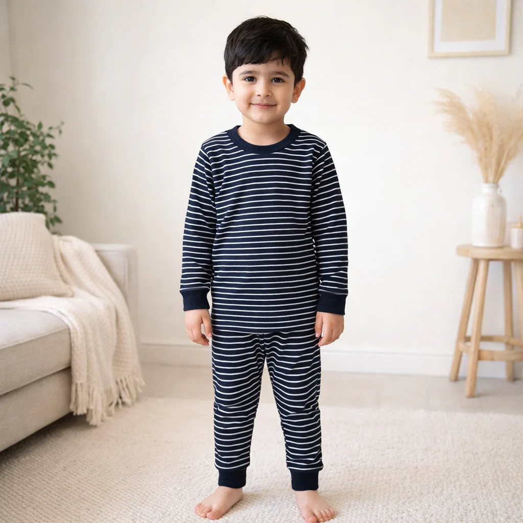 Kids Printed Cotton Pajama Set Narrow Stripes Navy Blue - Mini Charm - Image 2