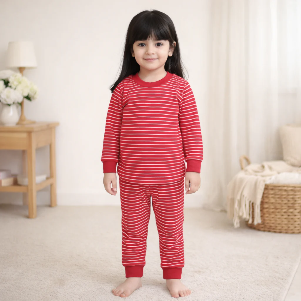 Kids Printed Cotton Pajama Set Narrow Stripes Pink - Mini Charm - Image 2
