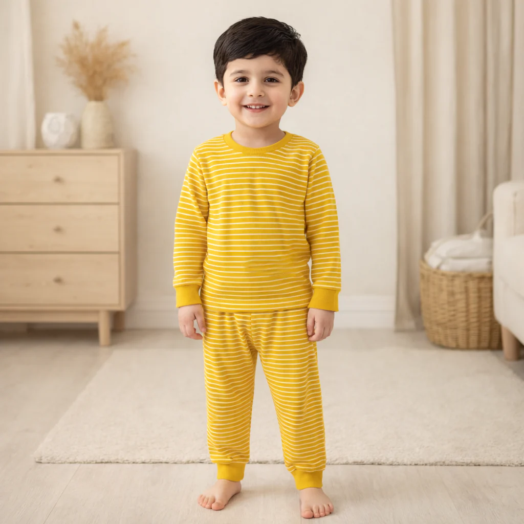 Kids Printed Cotton Pajama Set Narrow Stripes Yellow - Mini Charm - Image 2