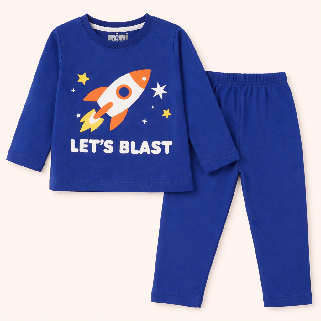 Kids Printed Cotton Pajama Set Rocket Royal Blue - Mini Charm