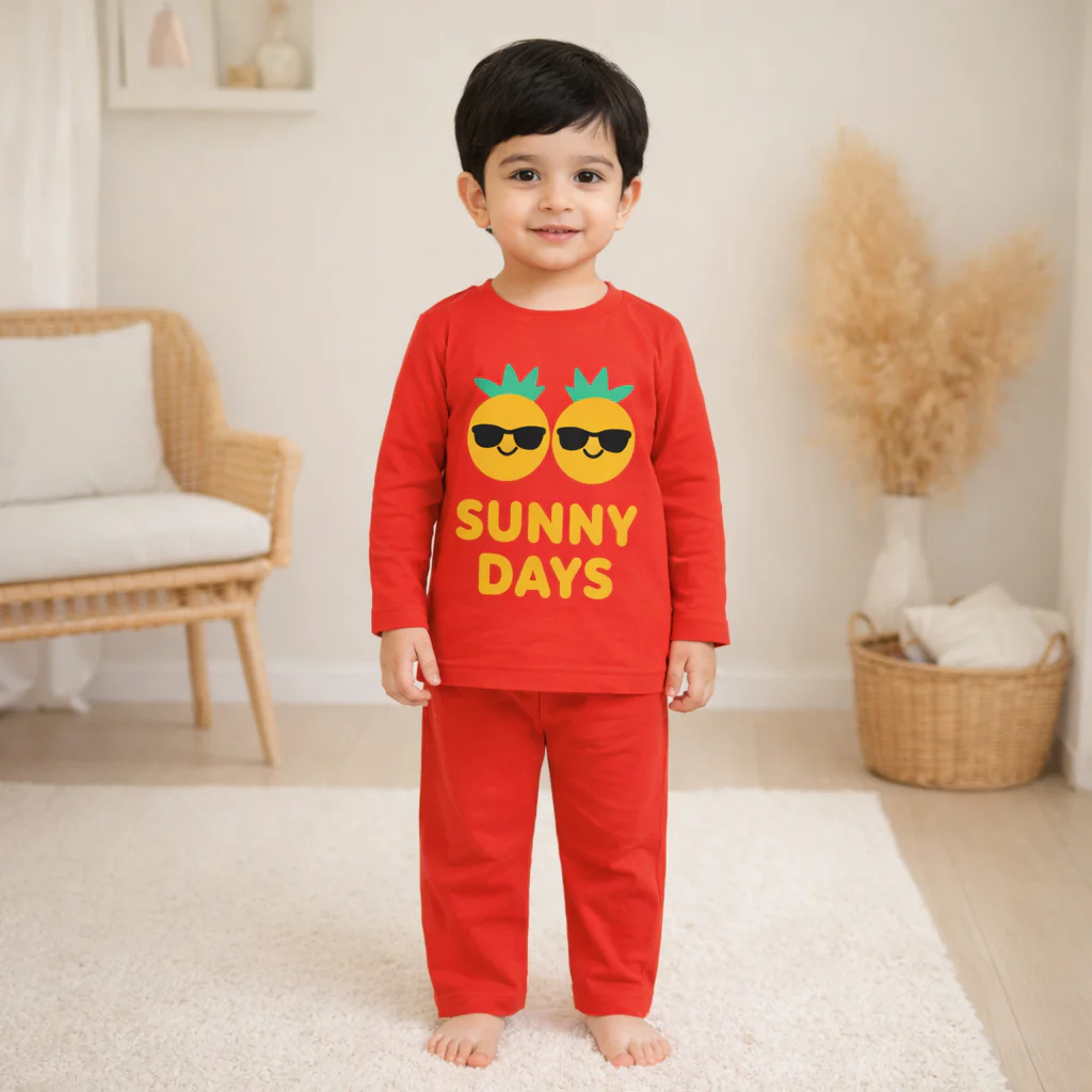 Kids Printed Cotton Pajama Set Sunny Days Red - Mini Charm - Image 2