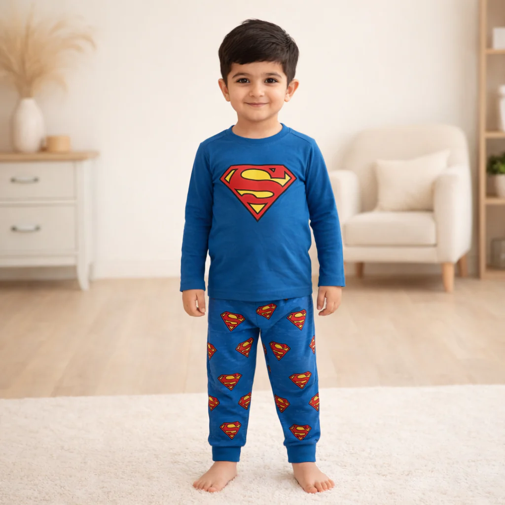 Kids Printed Cotton Pajama Set Superman Blue - Mini Champ - Image 2