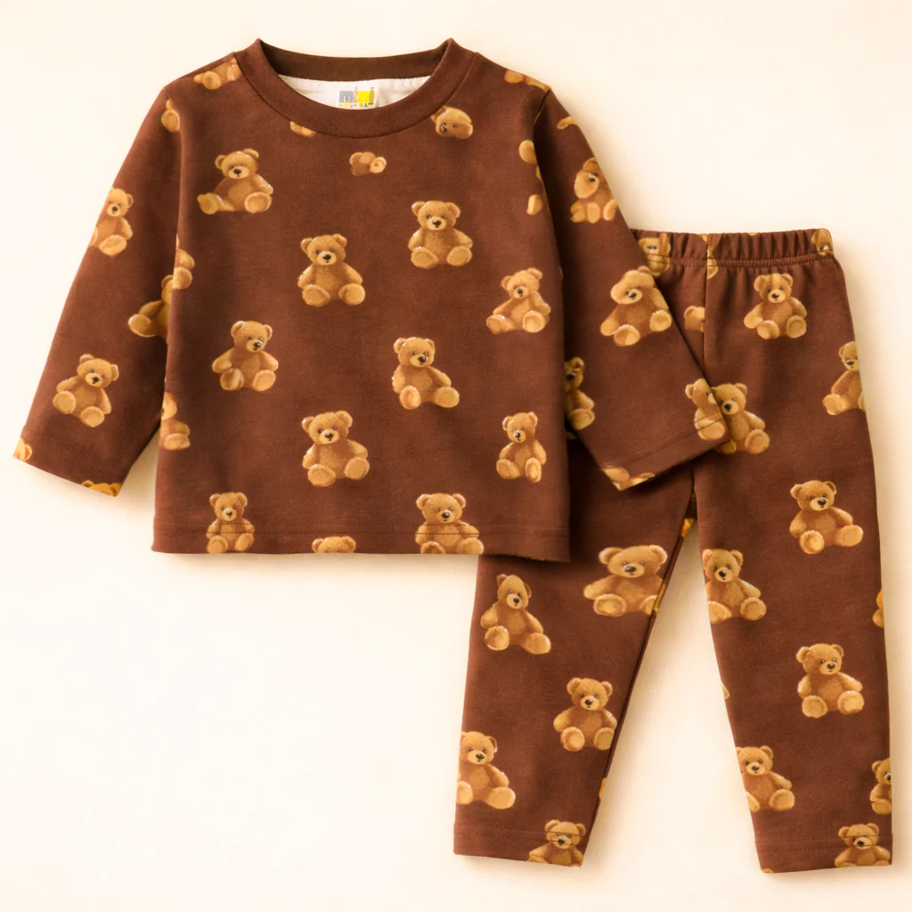 Kids Printed Cotton Pajama Set Teddy Bear Brown - Mini Champ