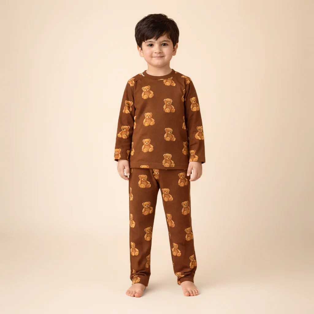 Kids Printed Cotton Pajama Set Teddy Bear Brown - Mini Champ - Image 4