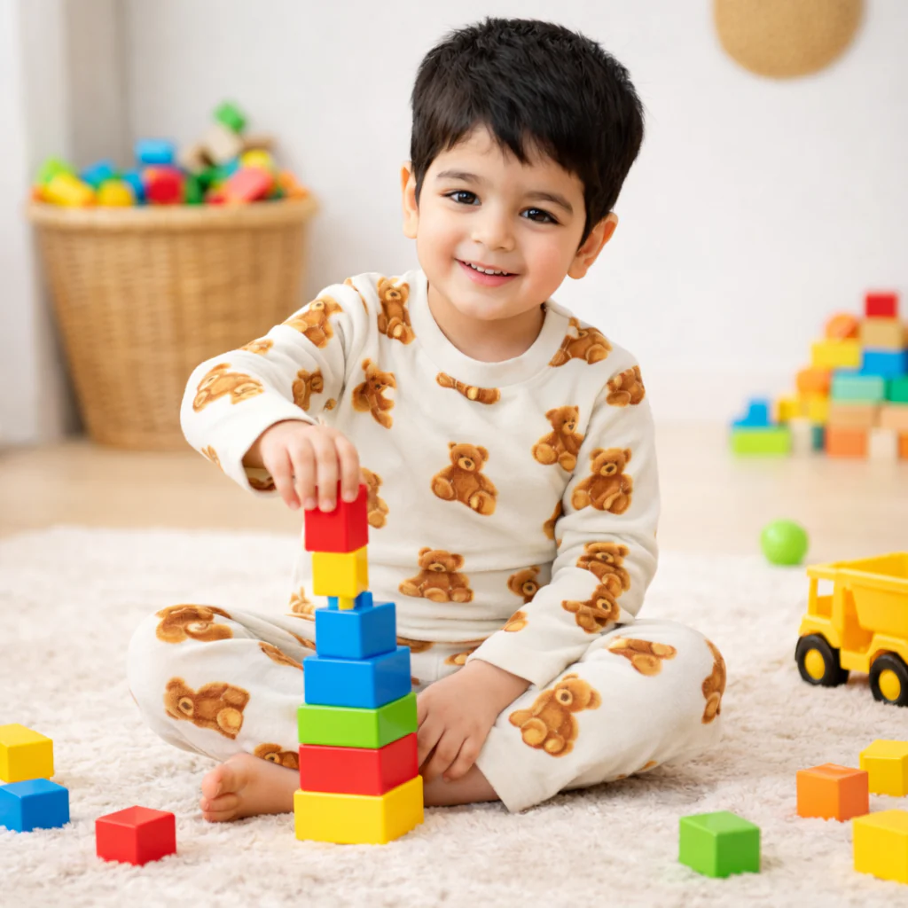 Kids Printed Cotton Pajama Set Teddy Bear Off White - Mini Champ - Image 2