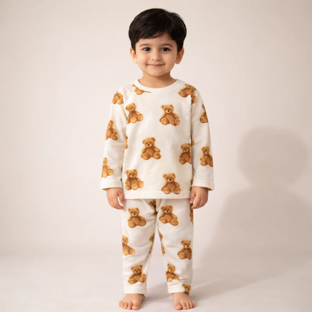 Kids Printed Cotton Pajama Set Teddy Bear Off White - Mini Champ - Image 4