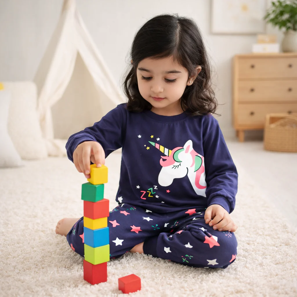 Kids Printed Cotton Pajama Set Unicorn Dark Blue - Mini Charm - Image 2