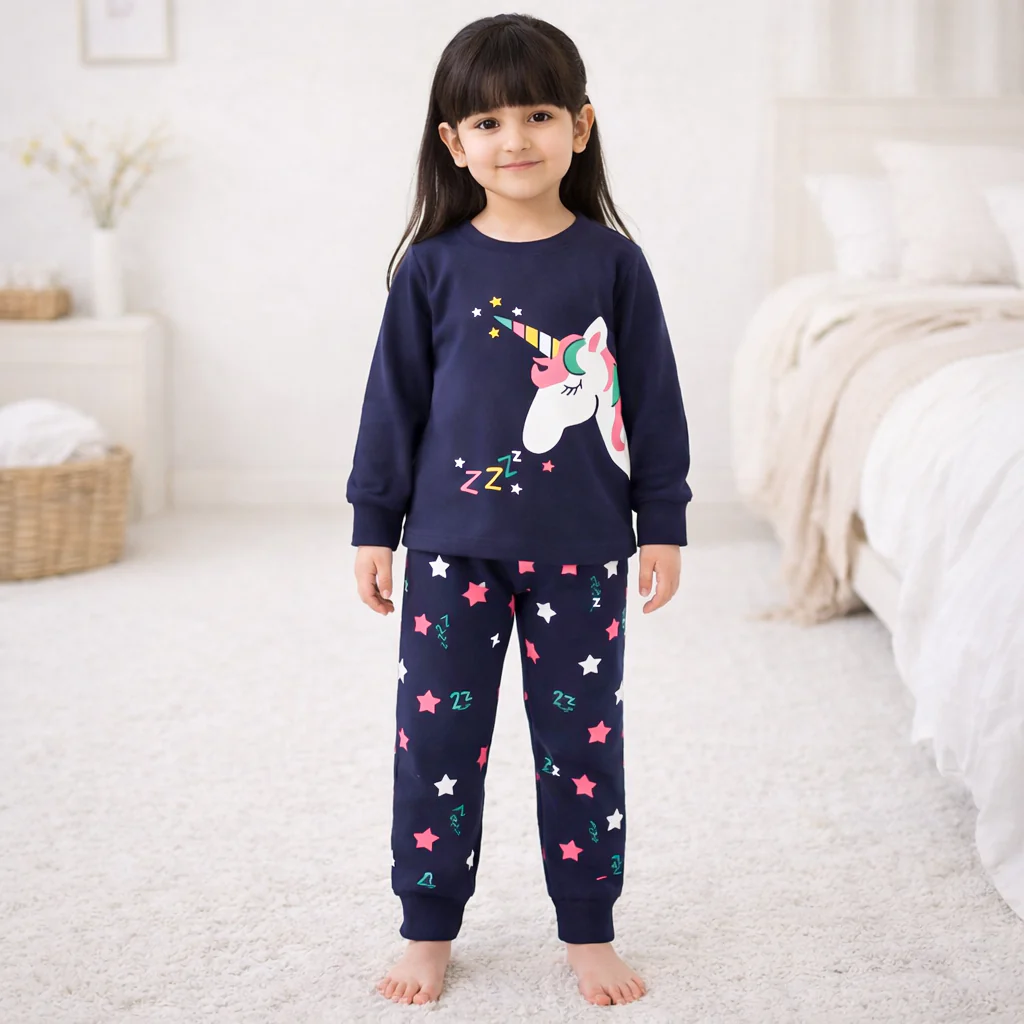 Kids Printed Cotton Pajama Set Unicorn Dark Blue - Mini Charm - Image 3