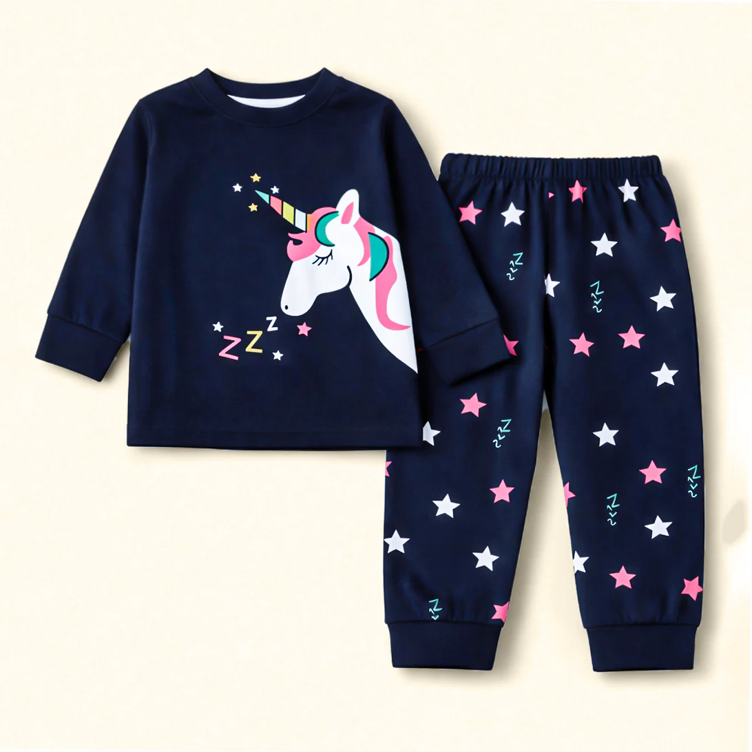 Kids Printed Cotton Pajama Set Unicorn Navy Blue - Mini Charm