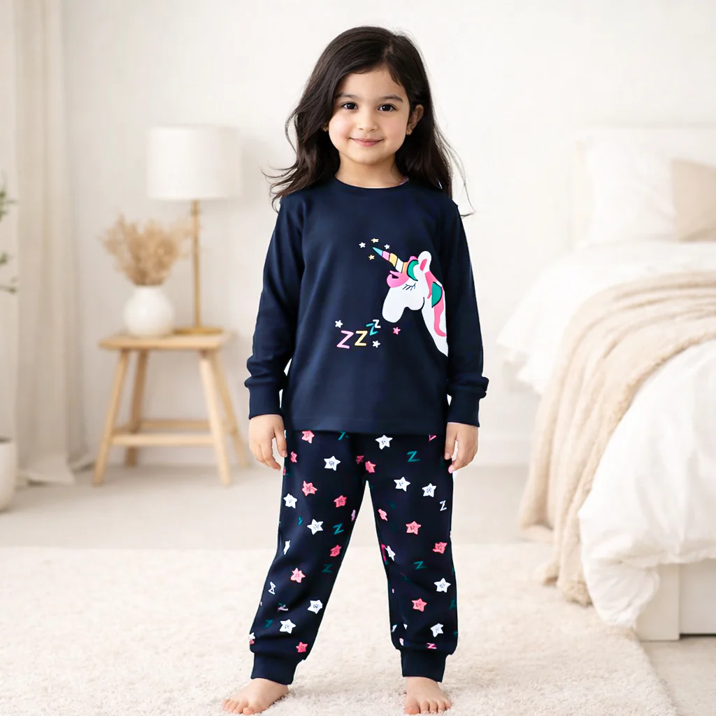 Kids Printed Cotton Pajama Set Unicorn Navy Blue - Mini Charm - Image 2