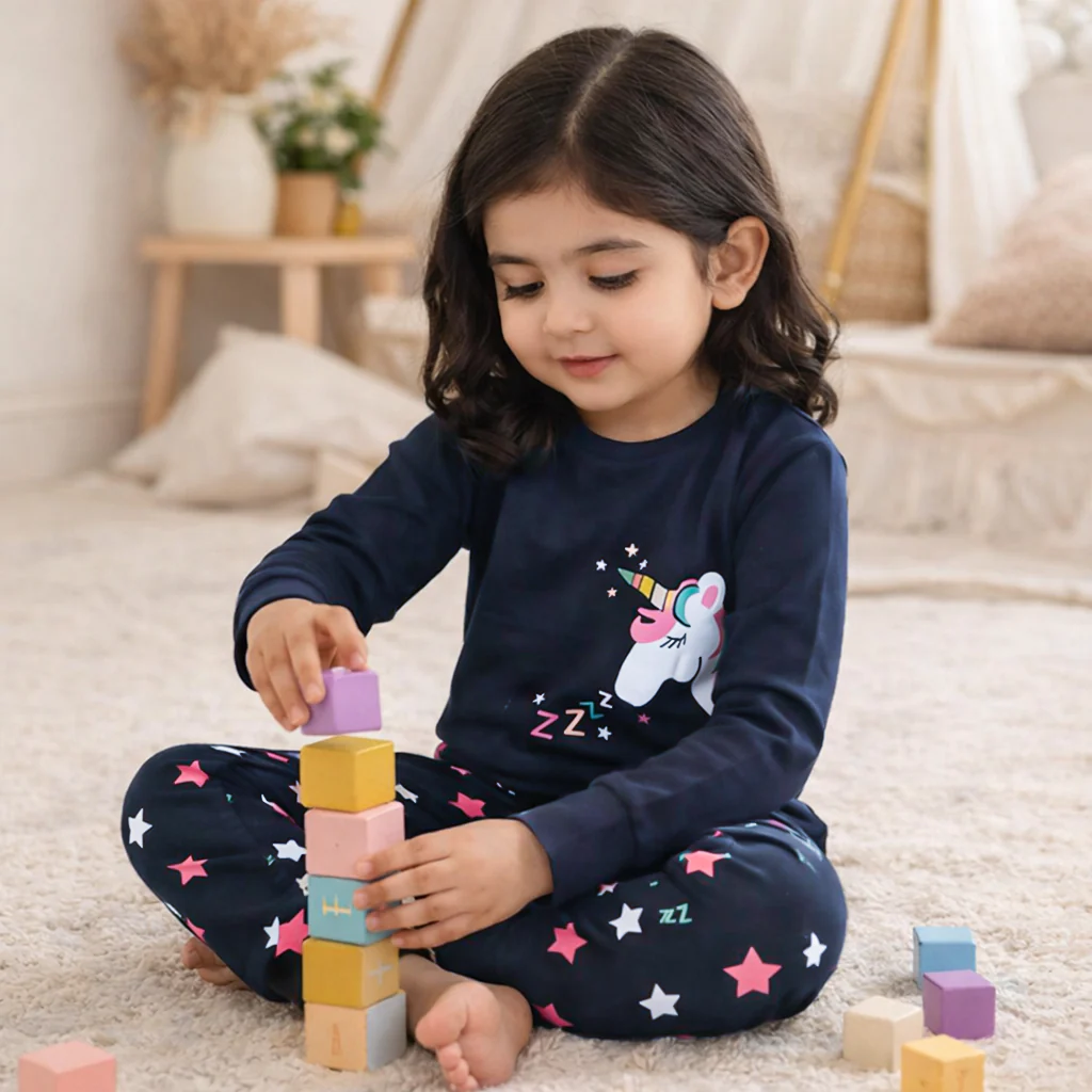 Kids Printed Cotton Pajama Set Unicorn Navy Blue - Mini Charm - Image 3