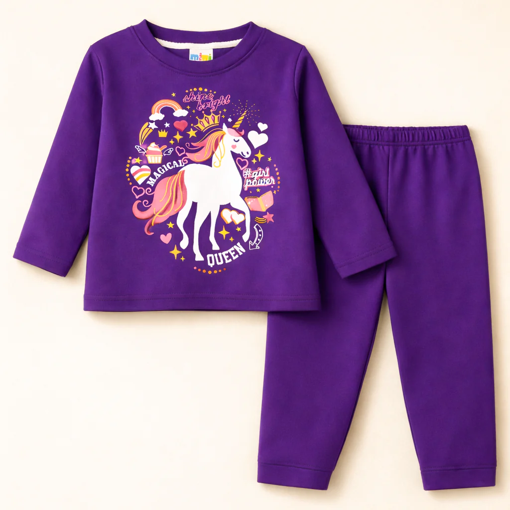 Kids Printed Cotton Pajama Set Unicorn Purple - Mini Champ