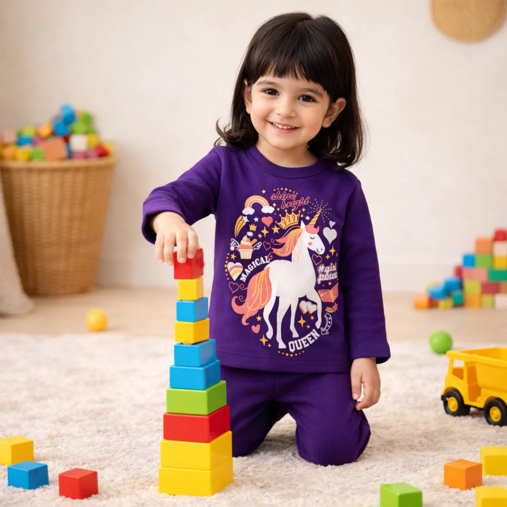 Kids Printed Cotton Pajama Set Unicorn Purple - Mini Champ - Image 2