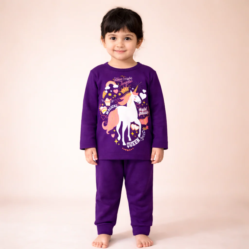 Kids Printed Cotton Pajama Set Unicorn Purple - Mini Champ - Image 4