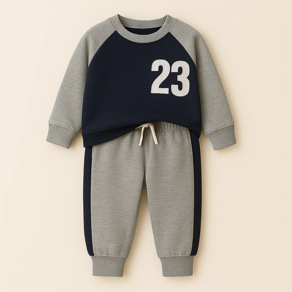 Kids Printed Fleece Tracksuit 23 Grey & Navy Blue - Sunshine