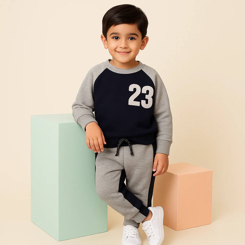 Kids Printed Fleece Tracksuit 23 Grey & Navy Blue - Sunshine - Image 3