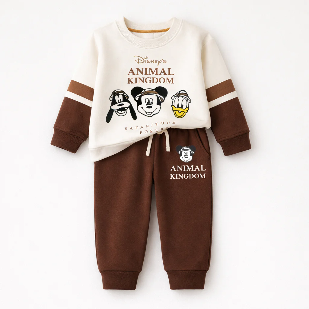 Kids Printed Fleece Tracksuit Animal Kingdom Brown - Sunshine