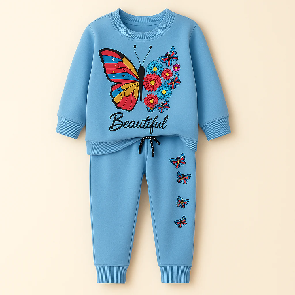 Kids Printed Fleece Tracksuit Butterfly Blue - Sunshine
