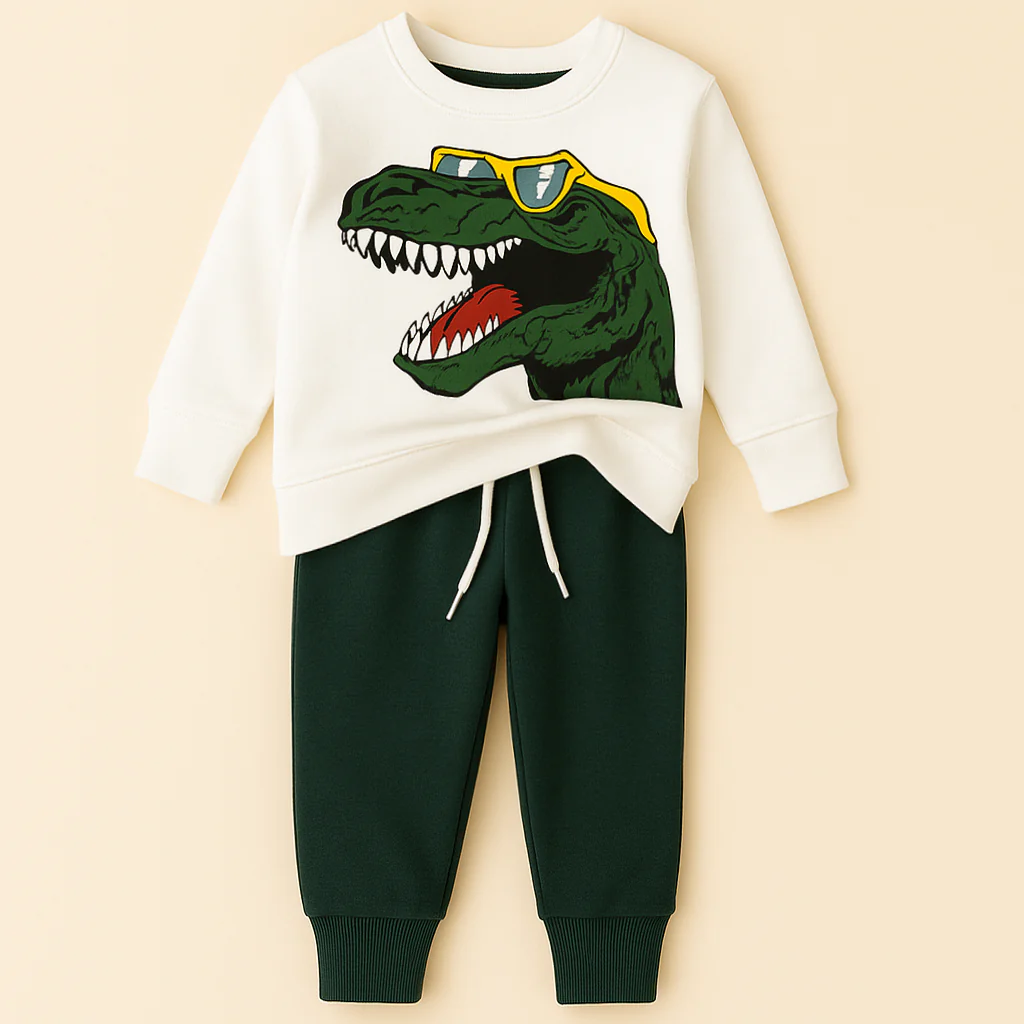 Kids Printed Fleece Tracksuit Dino Green & White - Sunshine