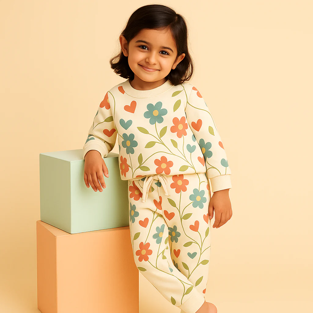 Kids Printed Fleece Tracksuit Floral Off White - Mini Charm - Image 2