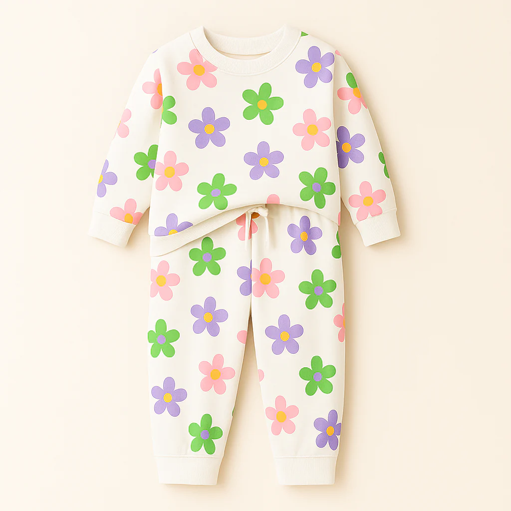 Kids Printed Fleece Tracksuit Floral Off White - Mini Charm