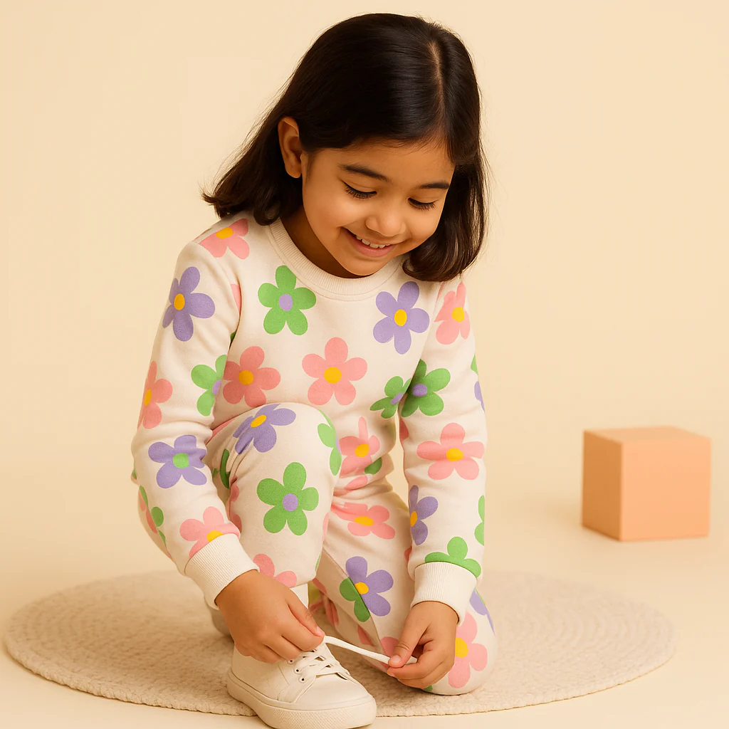 Kids Printed Fleece Tracksuit Floral Off White - Mini Charm - Image 2